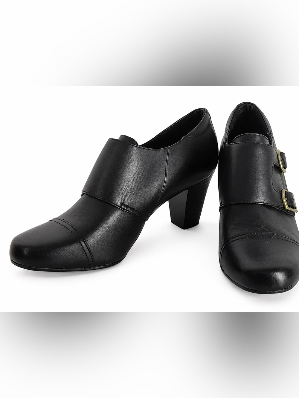 Clarks Bendables Black Leather Double Monk Strap Block Heel Booties - Size 9 - Picture 6 of 15